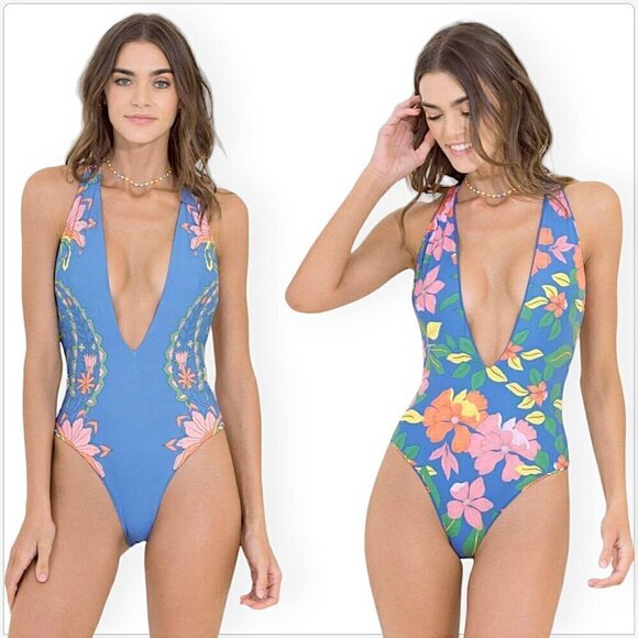 Maaji Maya Blue Floral Tiki Reversible One Piece Swimsuit - Picture 1 of 6